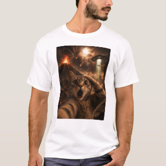 En chockad katt med Kaos i bakgrunden T Shirt