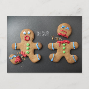 En chockad pepparkaksgubbe med brutet ben vykort