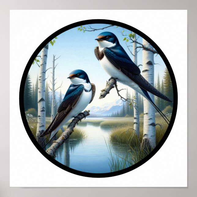 En cirkelformad 3D-bild av 2 Perched Träd Sväljer Poster (Framsidan)