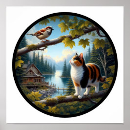 En cirkelformad 3D-bild av en vacker Calico-katt Poster