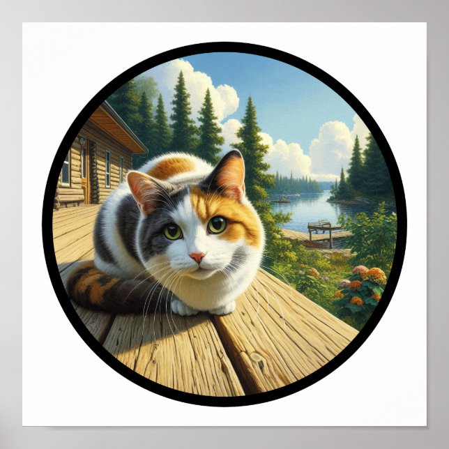 En cirkelformad 3D-bild av en vacker Calico-katt Poster (Framsidan)