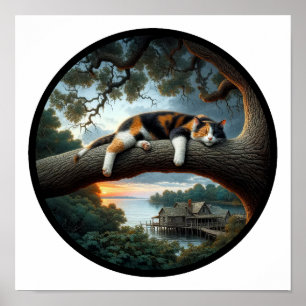 En cirkelformad 3D-bild av en vacker Calico-katt Poster