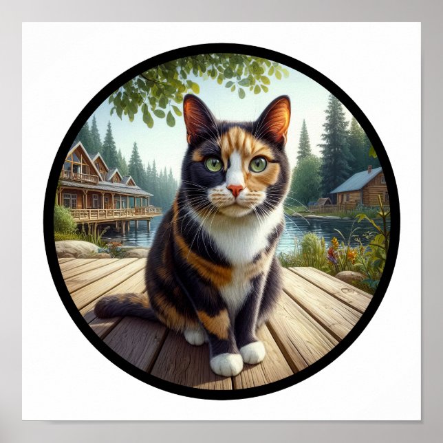 En cirkelformad 3D-bild av en vacker Calico-katt Poster (Framsidan)
