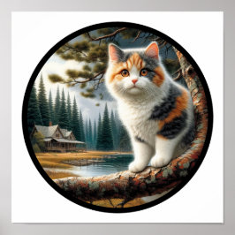 En cirkelformad 3D-bild av en vacker Calico-katt Poster