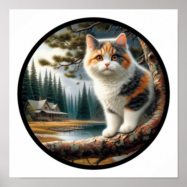 En cirkelformad 3D-bild av en vacker Calico-katt Poster (Framsidan)