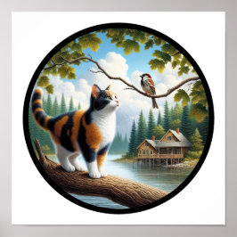 En cirkelformad 3D-bild av en vacker Calico-katt Poster