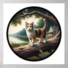 En cirkelformad 3D-bild av en vacker Calico-katt Poster