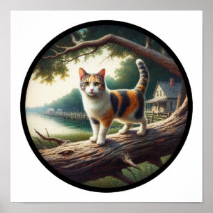 En cirkelformad 3D-bild av en vacker Calico-katt Poster