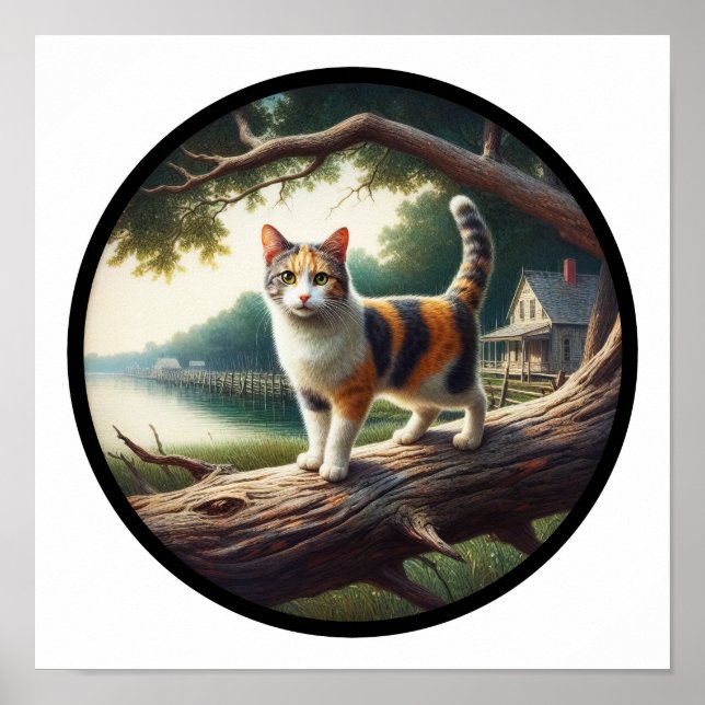 En cirkelformad 3D-bild av en vacker Calico-katt Poster (Framsidan)