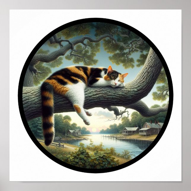 En cirkelformad 3D-bild av en vacker Calico-katt Poster (Framsidan)