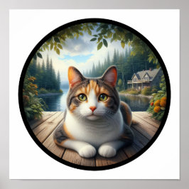 En cirkelformad 3D-bild av en vacker Calico-katt Poster