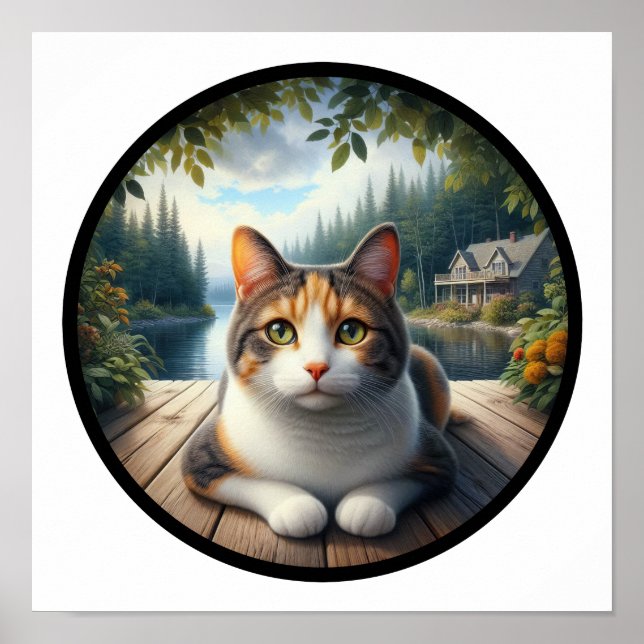 En cirkelformad 3D-bild av en vacker Calico-katt Poster (Framsidan)