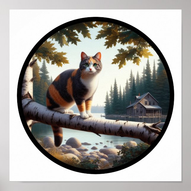 En cirkelformad 3D-bild av en vacker Calico-katt Poster (Framsidan)