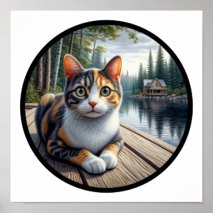 En cirkelformad 3D-bild av en vacker Calico-katt Poster