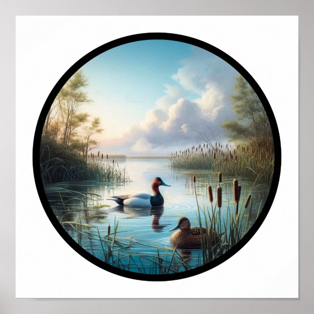 En cirkelformad 3D-bild av en vacker Canvasback An Poster (Framsidan)