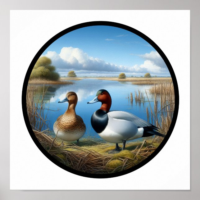 En cirkelformad 3D-bild av en vacker Canvasback An Poster (Framsidan)