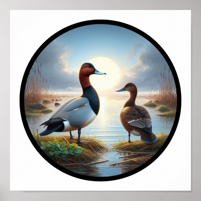 En cirkelformad 3D-bild av en vacker Canvasback An Poster (Framsidan)