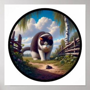 En cirkelformad 3D-bild av en vacker Tuxedo-katt Poster