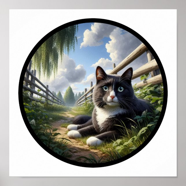 En cirkelformad 3D-bild av en vacker Tuxedo-katt Poster (Framsidan)