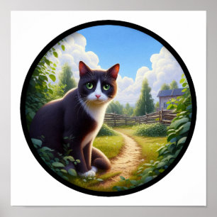 En cirkelformad 3D-bild av en vacker Tuxedo-katt Poster