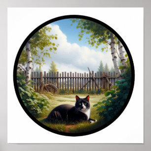 En cirkelformad 3D-bild av en vacker Tuxedo-katt Poster
