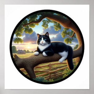 En cirkelformad 3D-bild av en vacker Tuxedo-katt Poster