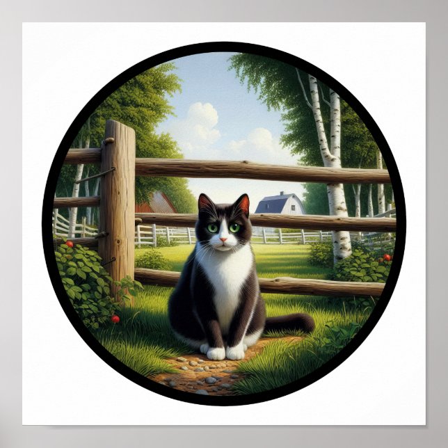 En cirkelformad 3D-bild av en vacker Tuxedo-katt Poster (Framsidan)