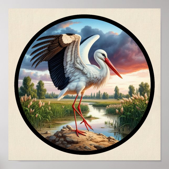 En cirkelformad 3D-bild av en vacker vit stork Poster (Framsidan)