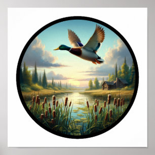 En cirkelformad 3D-bild på Mallard Anka som flyger Poster