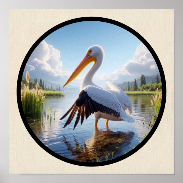 En cirkulär 3D-bild av en amerikansk vit pelican Poster (Framsidan)