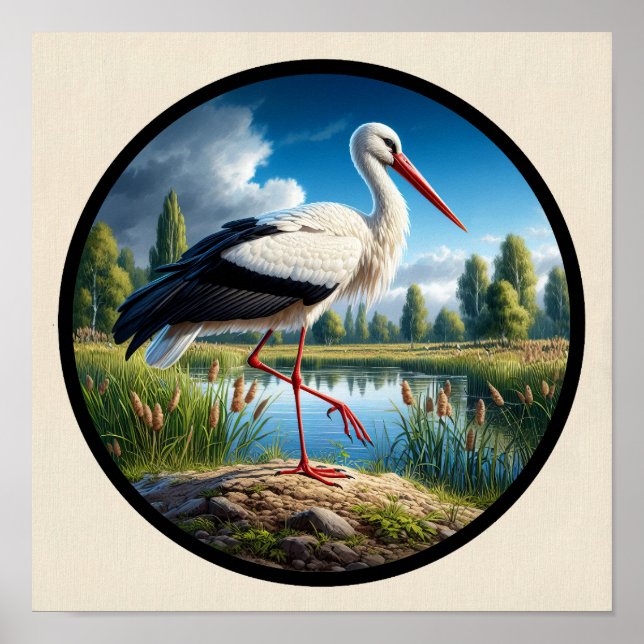 En cirkulär 3D-bild av en vacker vit stork Poster (Framsidan)
