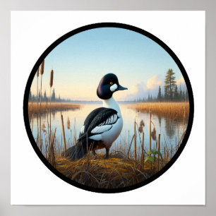 En cirkulär 3D-bild av ett gemensamt Goldeneye-Ank Poster