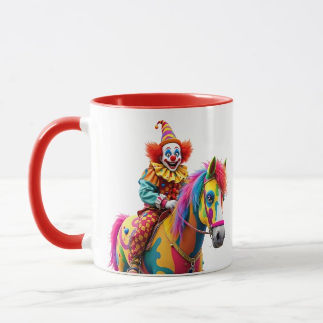 En clown rider en regnbågshäst. mugg (Vänster)