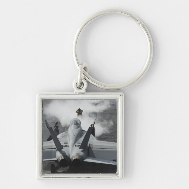 En cockpit-chef signalerar och F/A-18F Fyrkantig Silverfärgad Nyckelring (Framsidan)