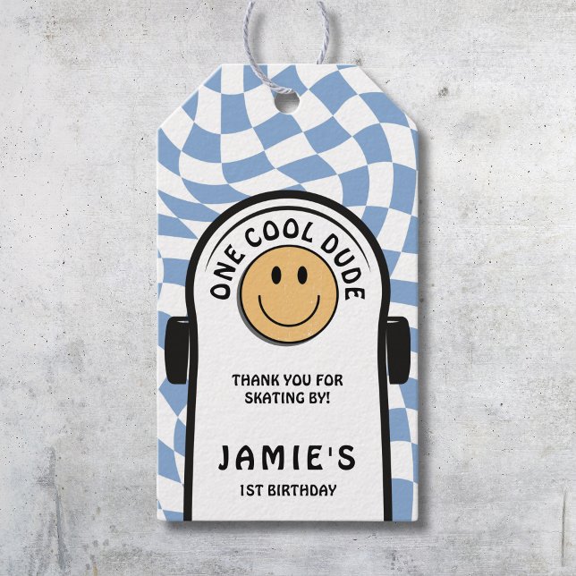 En cool kille Skateboard 1-års födelsedag TACK Presentetikett (one cool dude skateboard 1st birthday thank you gift tags)