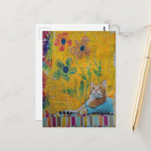 En cool röd katt gula blommor blandad media vykort