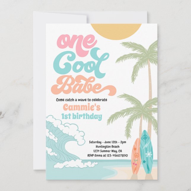 En Coola Babe Retro Surfa 1:a födelsedagen Party Inbjudningar (Framsida)