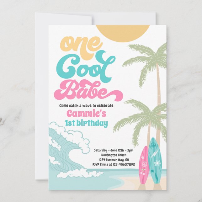 En Coola Babe Retro Surfa 1:a födelsedagen Party Inbjudningar (Framsida)