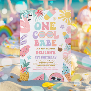 En Coola Babe Tropical Summer 1 Birthday Party Inbjudningar