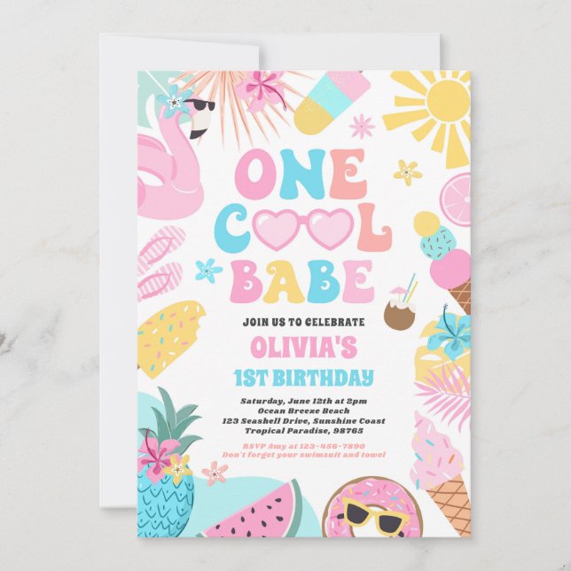 En Coola Babe Tropical Summer 1 Birthday Party Inbjudningar (Framsida)