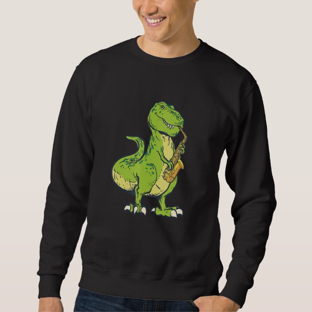 En Coola Dinosaur som spelar saxofon Lång Ärmad Tröja (Framsida)
