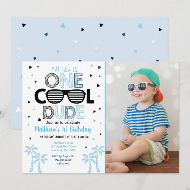 En Coola Grabben Sunglass Boy First Birthday Inbjudningar (Fram/baksida)
