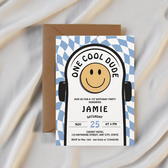 En Coola Retro Skateboard 1:a födelsedag Inbjudningar (One cool dude 1st birthday skateboard invitation)