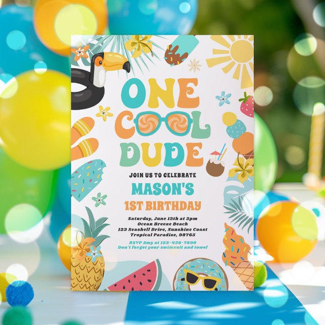 En Coola, tropisk sommar 1:a födelsedagen Party Inbjudningar (Skapare uppladdad)