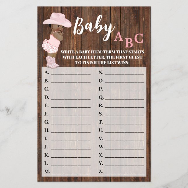 En Cowgirl Baby ABC Baby Shower Game Card Flyer (Framsidan)