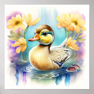 En Cute Baby Anka Swimming i en damm Poster