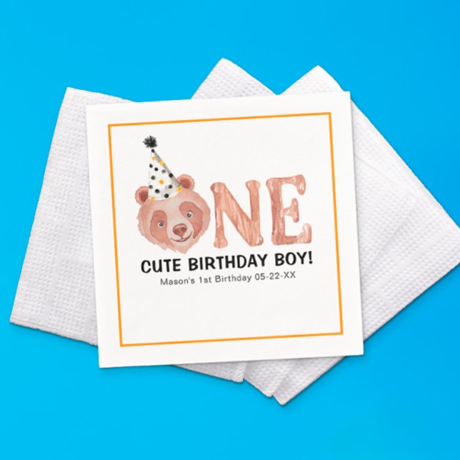 En Cute Birthday Boy Bear Napkins - 1:a födelsedag Pappersservett (One Bear-y Cute Birthday Napkin Design)
