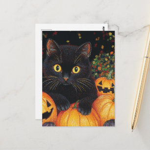 En Cute Black Cat i Halloween Pumpkins Vykort
