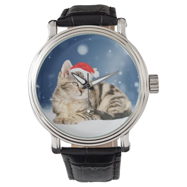 En Cute Cat med röd julhatt Snö Armbandsur (Framsida)