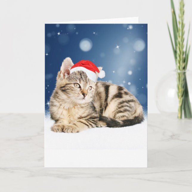 En Cute Cat med röd julhatt Snö Helgkort (Framsida)
